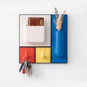 Organiseur mural Tetra - Grille murale modulaire, centre de commande pour l'entrée. Décoration Mid-Century, Mondrian, Stijl Art, Rangement mural, Porte-clés - Étagère