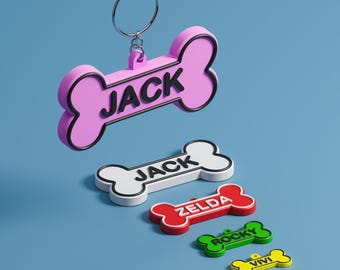 Pet Name Tag - Dog & Cat Custom ID Bone for Collar, Keychain. Personalized Nickname.  Luggage Tag. Puppy, Kitten. Owner Contact. Card Gift