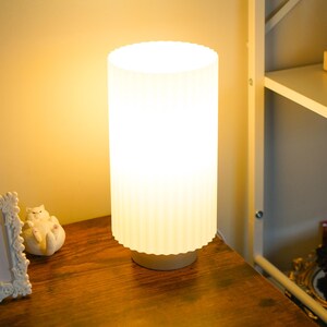 Cozy Minimalist Desk Lamp - Modern Lighting Wood-Feel White Ribbed Shade - Bright Adjustable Bedside Nightstand Light - Glo Lamp Table