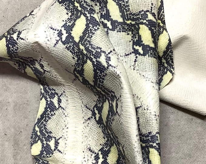 White, Gray, and Yellow Printed Python Leather Cowhide Remnant.  LAC123