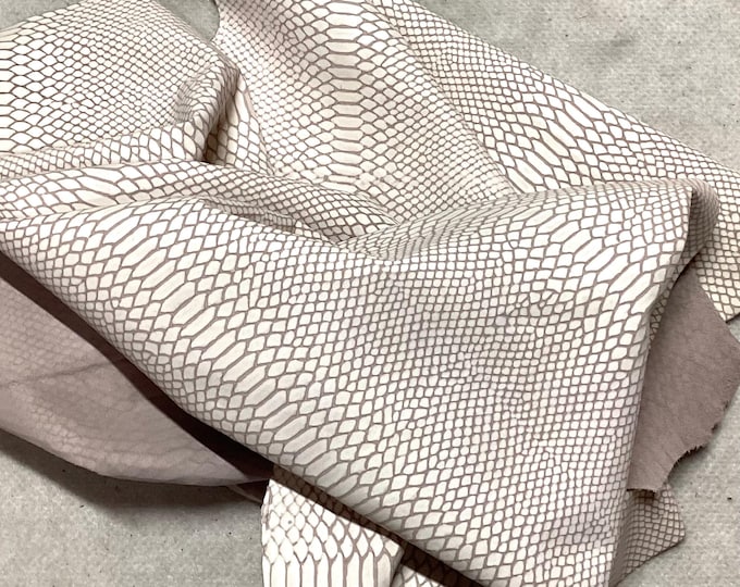 White and Brown Embossed Snakeskin Leather Cowhide Remnant.  LAC82