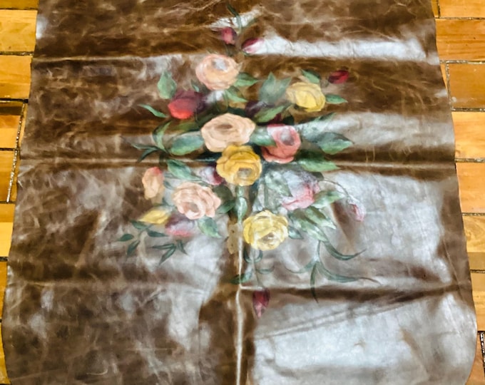 Distressed Brown Painted Roses Leather Cowhide Remnant. Crafting Leather,  CL31