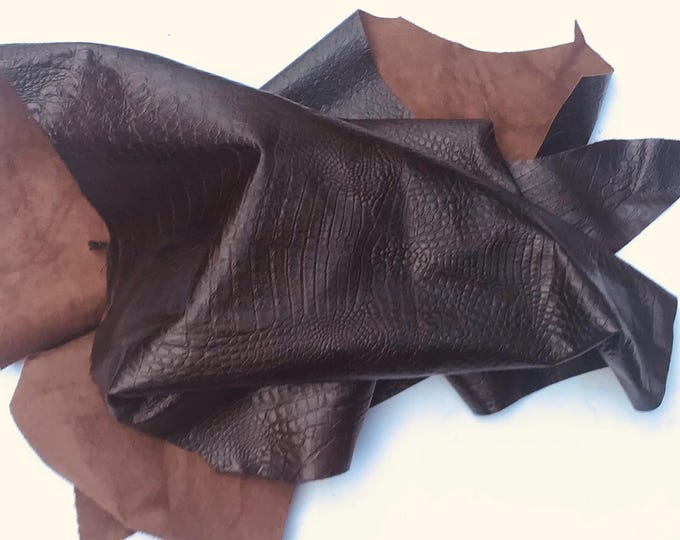 Dark Brown Embossed Gator Leather Cowhide Remnants .  CL327