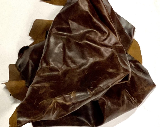 Dark Brown Vey Distressed Pull-up Leather Cowhjde Remnants. Leather Pieces. Crafting Leather.  BR1008