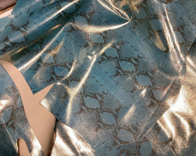 Printed Blue Python Pattern with Gold Background Leather Cowhide Remnants,  leather hides,  OSM405