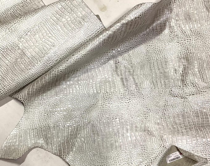 Pearl White Metallic Embossed Gator Leather Cowhide Remnants. Leather Pieces. crafting Leather. CL52539