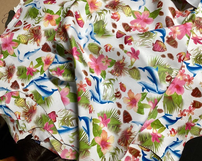 Florals and Sea Fishes printed White Leather Lambskins.  Gifts. Leather hides. OSM879