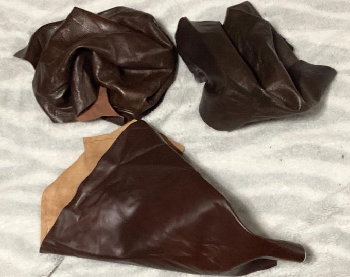 Brown Leather Cowhide Remnants, Soft Pliable Semi-Gloss Finish. SCR17