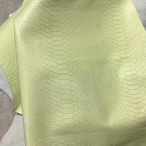 May include: Close-up of a pale green leather hide with a snakeskin pattern. The material has a textured surface with a repeating scale design. The leather is folded, revealing the underside.
