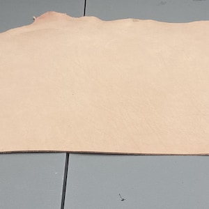 May include: A single piece of natural, undyed vegetable-tanned leather with a smooth, light beige surface. The hide features an irregular, organic shape with curved edges and a consistent, matte texture across the entire visible surface area.