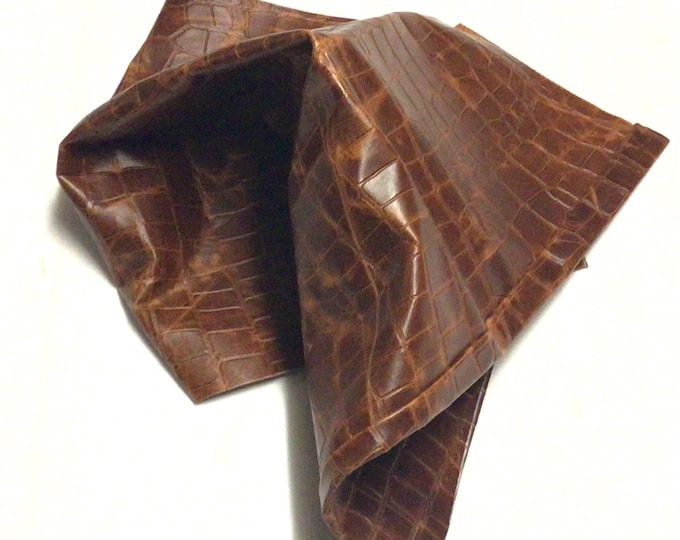 Brown with Orange Cast Embossed Gator Leather Cowhide Remnant.  Leather Pieces. Crafting Leather,  OSM1848