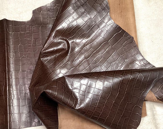 Brown Embossed Gator Leather Cowhide Remnant. Leather Reemnant.LAC18