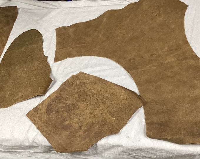 4 Pieces Light Brown Distressed Matte Brown Leather Cowhide Remnants.  BR904