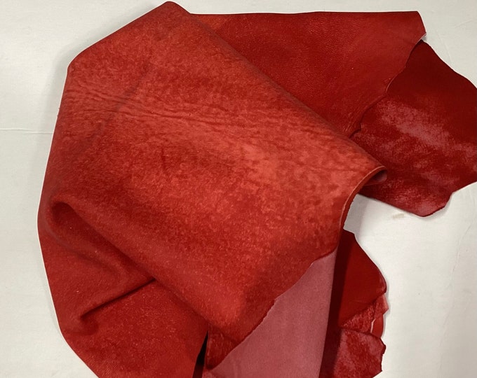 Red Distressed Nubuck Leather Lambskins.  Leather Hides,  OSM07761