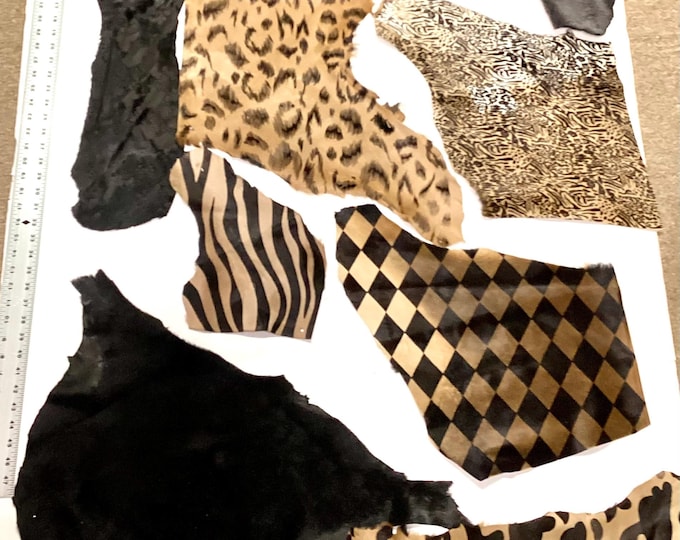 8 Remnants of Hair on Lambskin Printed Leather,  Leather Hides. Scrap Leather.  Leather Pieces.  OSM495