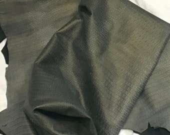 Gray and Gold Satin Embossed Croc Leather Lambskins. Leather hides.  OSM07707