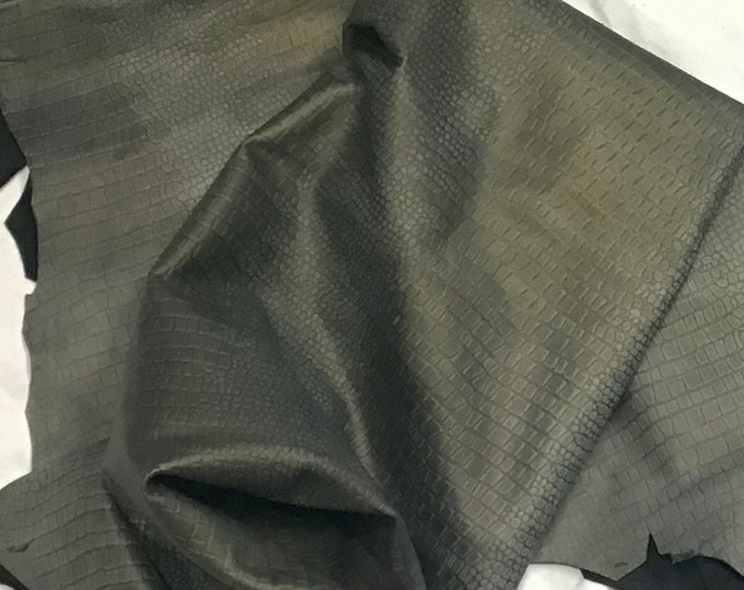 Gray and Gold Satin Embossed Croc Leather Lambskins. Leather hides.  OSM07707