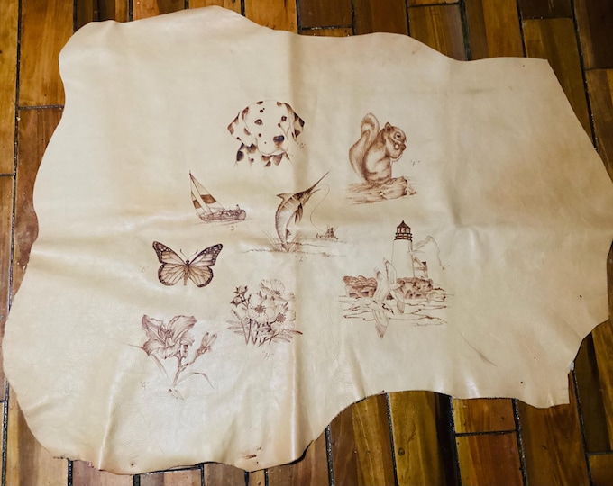 Printed Buckskin Color Leather Cowhide Remnant.  Crafting Leather,  CL30