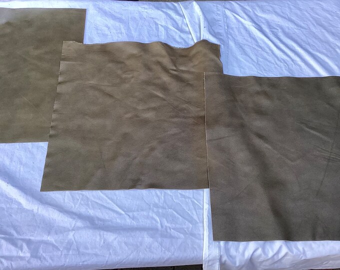 3 Pieces Olive Green Leather Cowhide Remnants,  Leather Pieces.  33DWR
