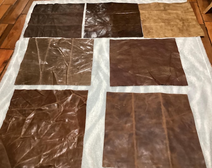 7 Pieces Distressed Browns Leather Cowhide Remnants.  SCR650