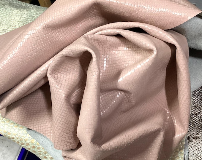 Pink Embossed Snakeskin Pattern Leather Cowhide Remnants, Leather Hide. Cowhide, crafting leather. BR1013