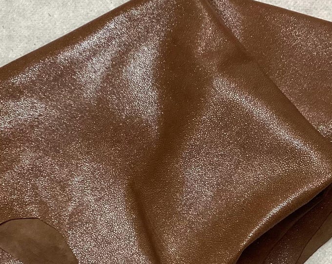 Shimmering Brown Leather Cowhide Remnants with Metallic Finish.  LAC129