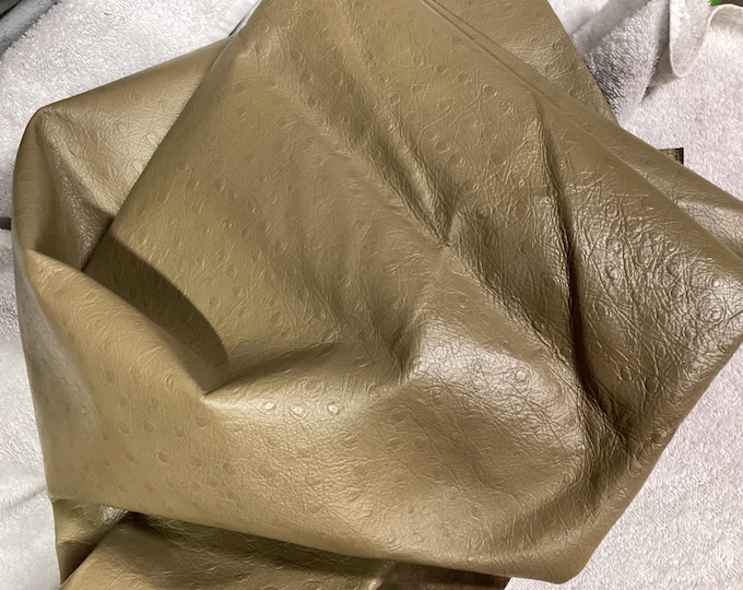 Khaki Embossed Ostrich Leather Cowhide Remnants.  Leather Hides. Cowhide. Garment Leather. Upholstery Leather.  OCT57