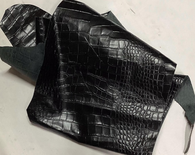 Black Embossed Gator Leather Cowhide Remnants. Cowhide. Remnants. Crafting Leather.  BR891