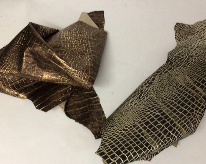 2 Pieces Embossed Gator Leather Lambskins. Leather Hides, crafting Leather. Copper. Black and Gold,  OSM1839