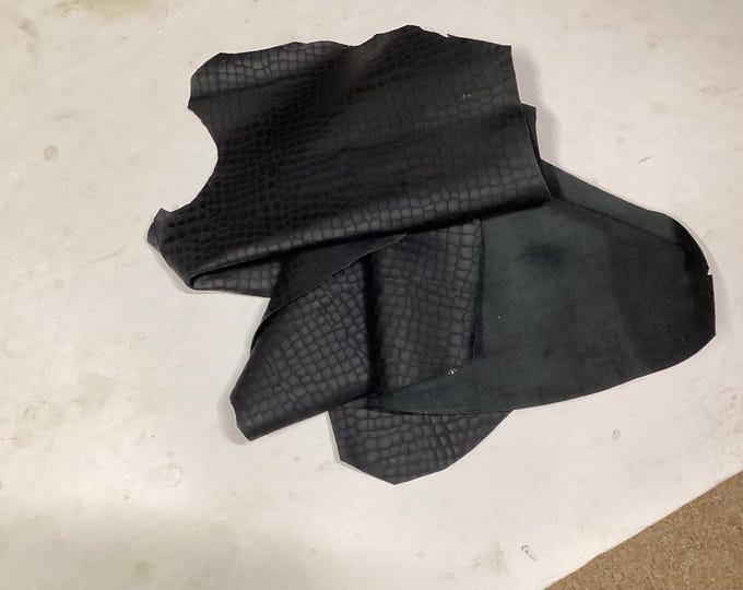 Black Embossed Gator Leather Cowhide Remnant. Leather Pieces. Crafting Leather.m BR1014
