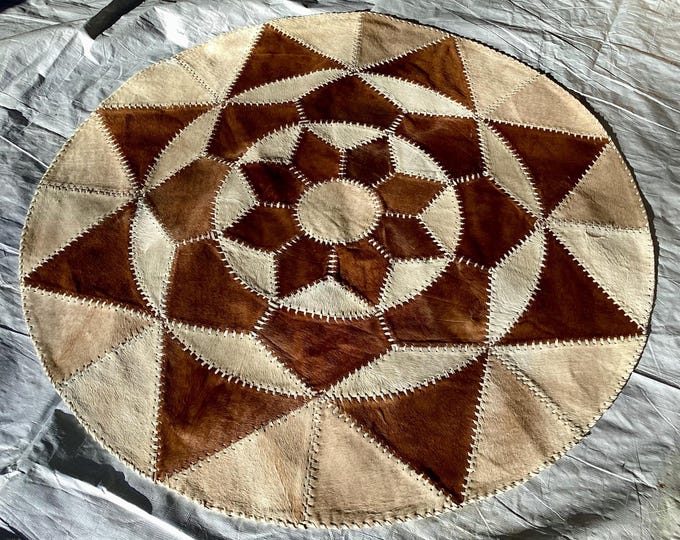 5 foot diameter Brown and Tan Leather Cowhide Rug. Accent Rugs,  RUG02