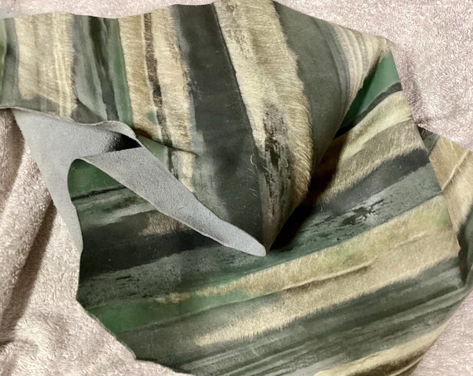 Green Smooth, Off Whites Hair on Leather Cowhides Remnants.  Leather pieces. Leather hides.  DWR508