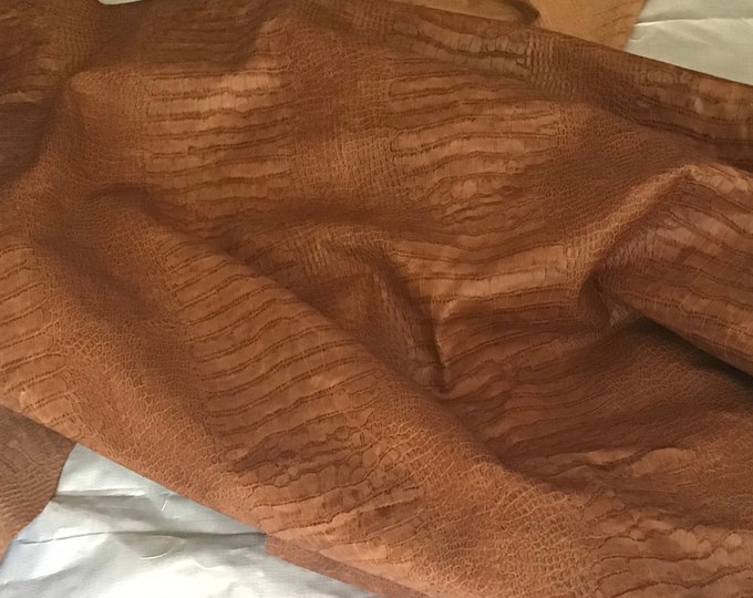 Cognac Embossed Crocodile Leather Cowhide Partial.  Leather remnant.  Upholstery leather. Garment Leather. CAR60