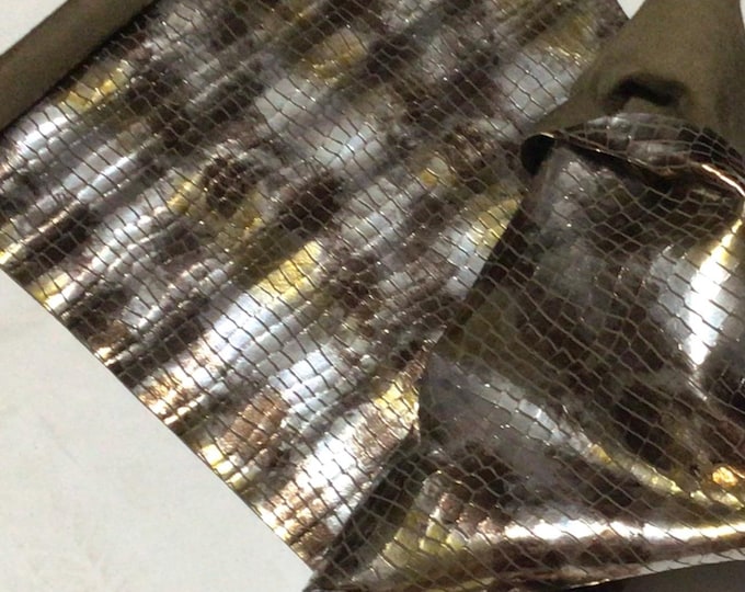 Aztec Silver and Gold Embossed Reptile Leather Cowhide Remnant. Leather Pieces.  CL1701