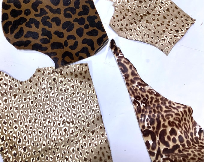 4 pieces printed hair on cowhide remnants.  Leather Pieces. Crafting Leather.  CL52553