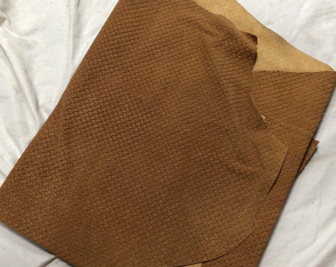 Cognac Embossed Basketweave Nubuck Leather Cowhide Remnant. DD4075