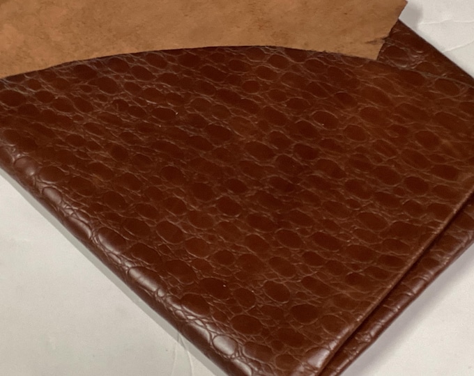 Taba Brown Embossed Gator Leather Cowhide Remnant.  Leather Hides.  Crafting Leather. DD18