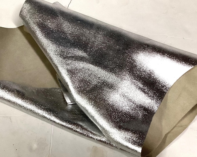 Metallic Silver Leather Cowhide Remnant. Leather Pieces. Crafting Leather.  BR1028