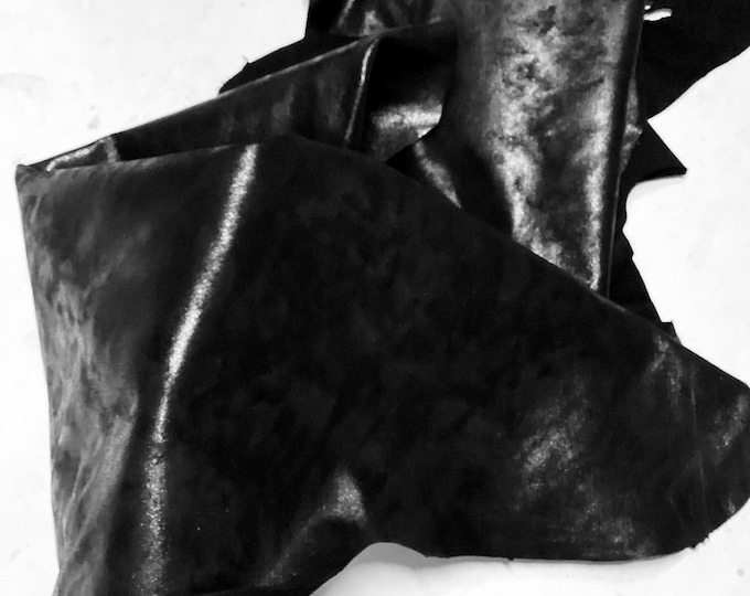 2 Pieces Black Metallic Leather Cowhide Remnants.  crafting leather.  LAC135