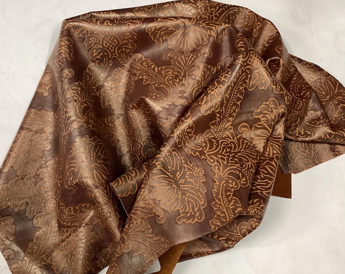 Royal Cognac Embossed Palm Damask Leather Cowhide Remnant.  Leather Pieces,  Cowhide.  TOWN106