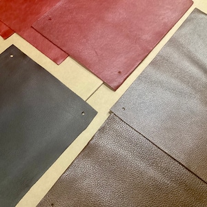 May include: Four different leather swatches in brown, gray, dark gray, and red. The swatches are laid out on a brown surface.