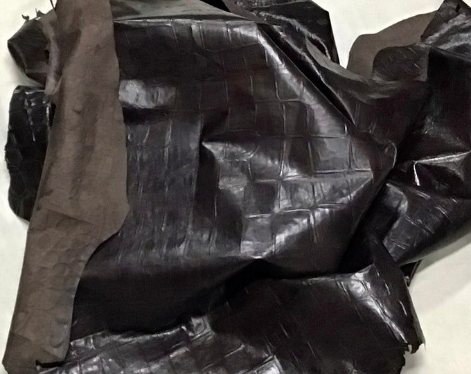 Dark Brown Embossed Reptile Leather Lambskin.  Leather Hides.  Garment Leather. OSM80