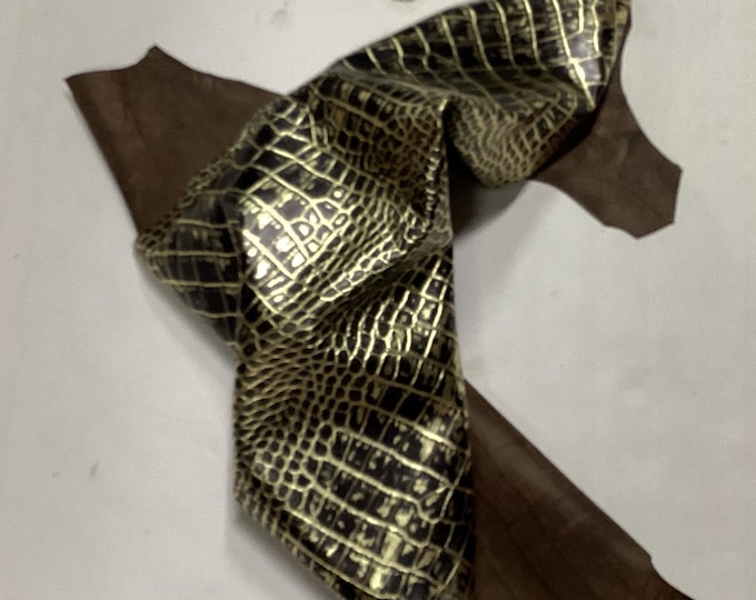 Black and Gold Gator Embossed Leather Lambskin.  Leather Hides. Lambskins. Garment Leather. Gifts for Her.  OSM623