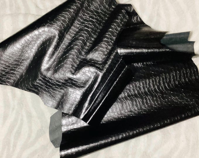 Black Embossed Gator Leather Cowhide Remnant.  CALI102