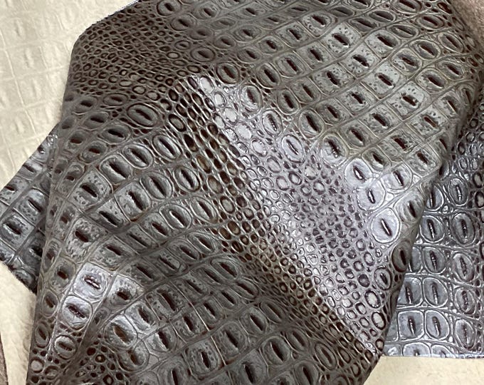 Brown and Gray Embossed Croc Leather Cowhide Remnant. Crafting Leather. CL52524