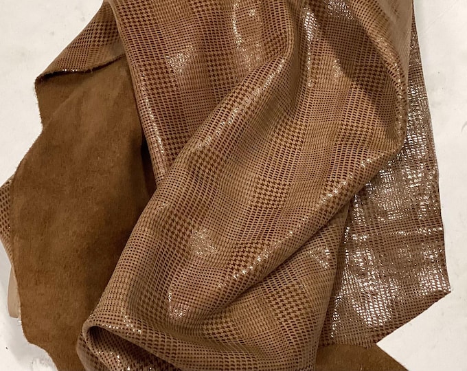 Shimmering Brown Suede Printed Houndstooth Leather Cowhide Remnants,  Leather Pieces.  CL52515