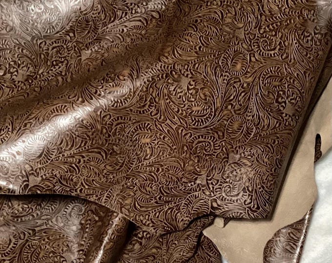 Brown Western Floral Embossed Leather Cowhide for Upholstery, Garments.  NC110