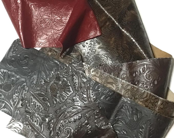8 pieces brown and red Embossed Western Floral Leather Cowhide Remnants. Cowhide. Crafting leather.m DR1954