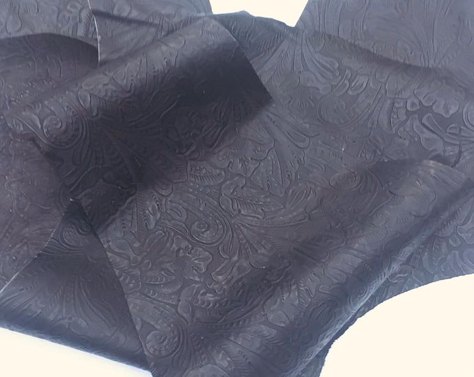 Embossed Black Floral Leather Cowhide Remnants in Package of 3. CL326