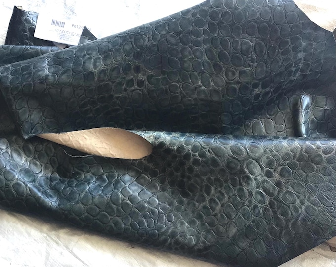 Ocean Blue Embossed Reptile Leather Cowhide Remnant.  Leather Hides.  CL383